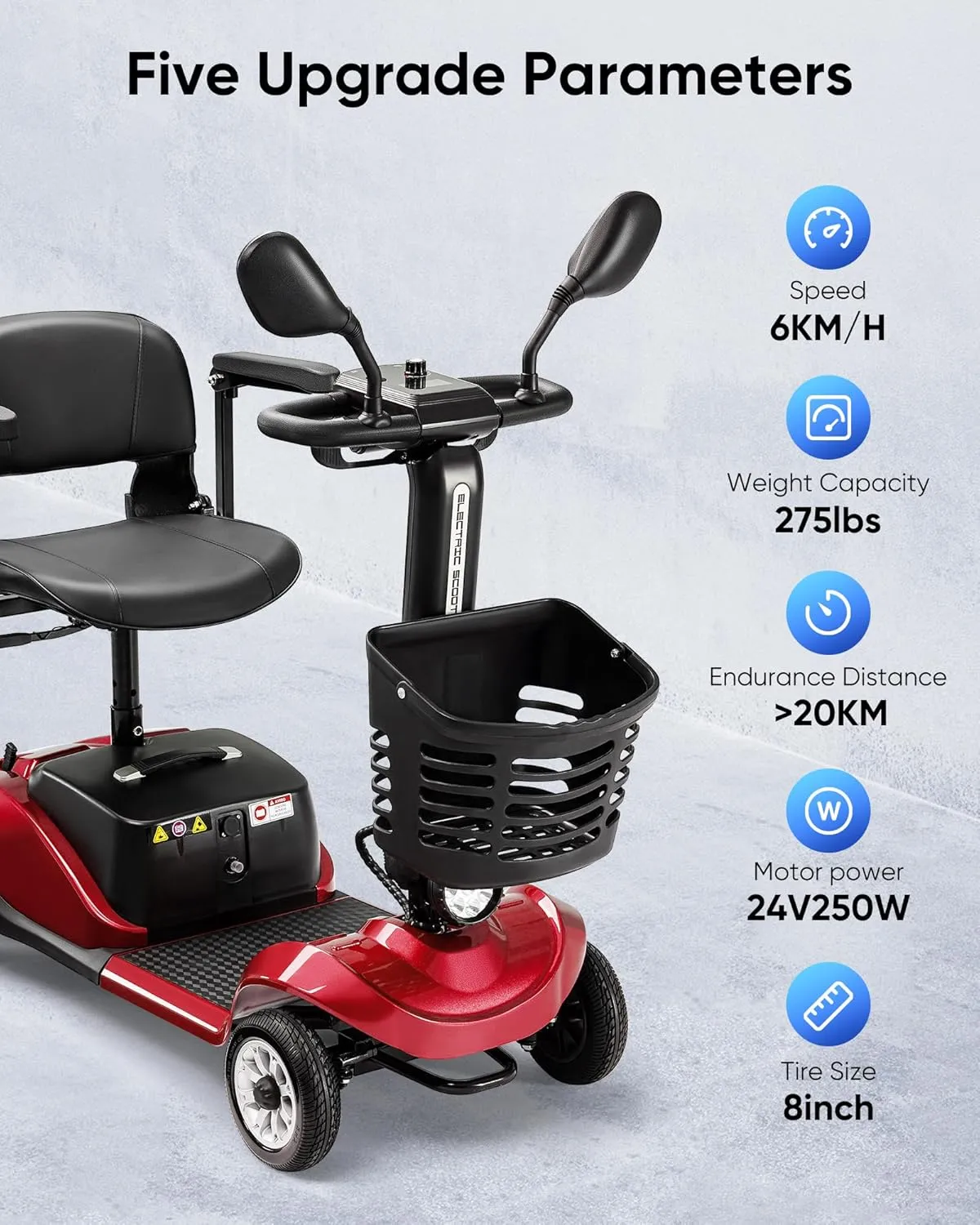 Compact 4 Wheel Mobility Scooter with Display, Foldable Electric Scooter for Seniors and Adults, Heavy Duty Travel Model with Lights, Basket, and Long-Lasting Extended