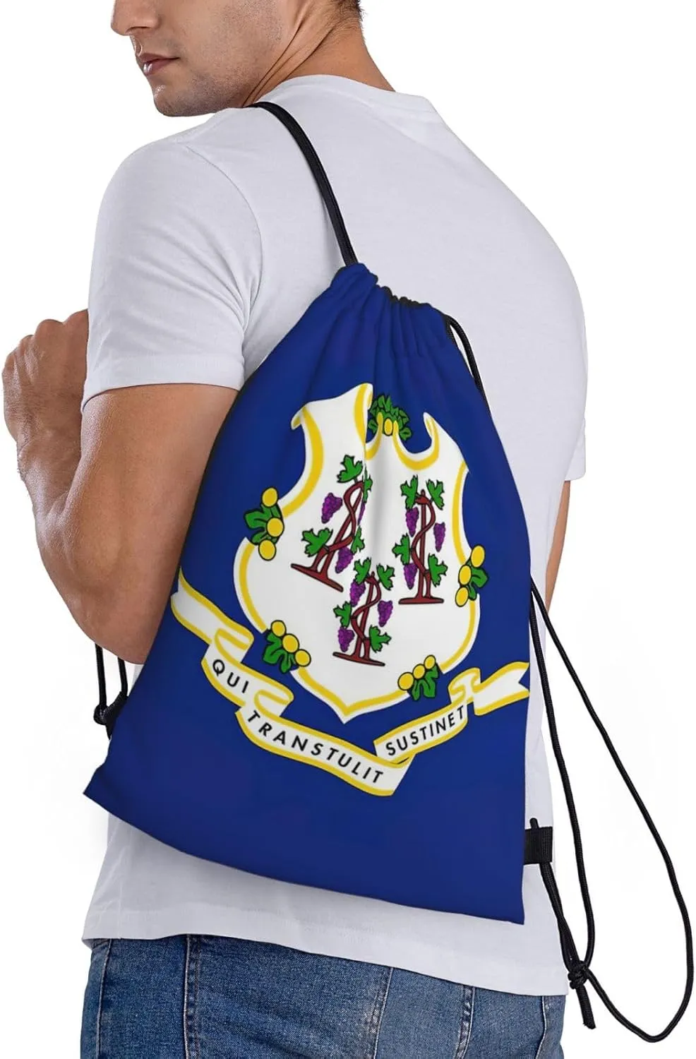 Connecticut State Flag print Drawstring Backpack Bags Sack Cinch Tote Sport Storage Polyester Bag for Gym Traveling