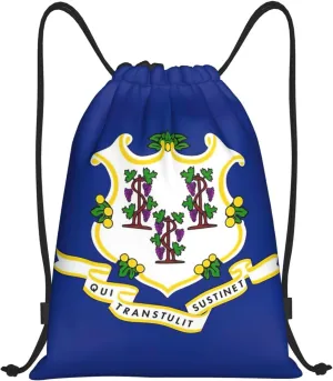 Connecticut State Flag print Drawstring Backpack Bags Sack Cinch Tote Sport Storage Polyester Bag for Gym Traveling