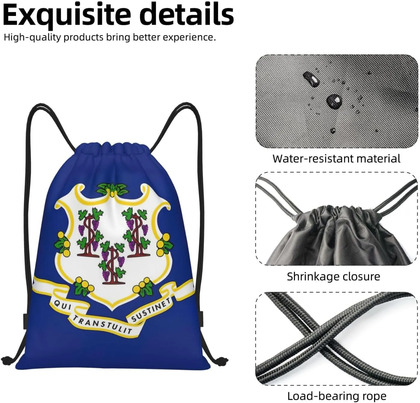Connecticut State Flag print Drawstring Backpack Bags Sack Cinch Tote Sport Storage Polyester Bag for Gym Traveling