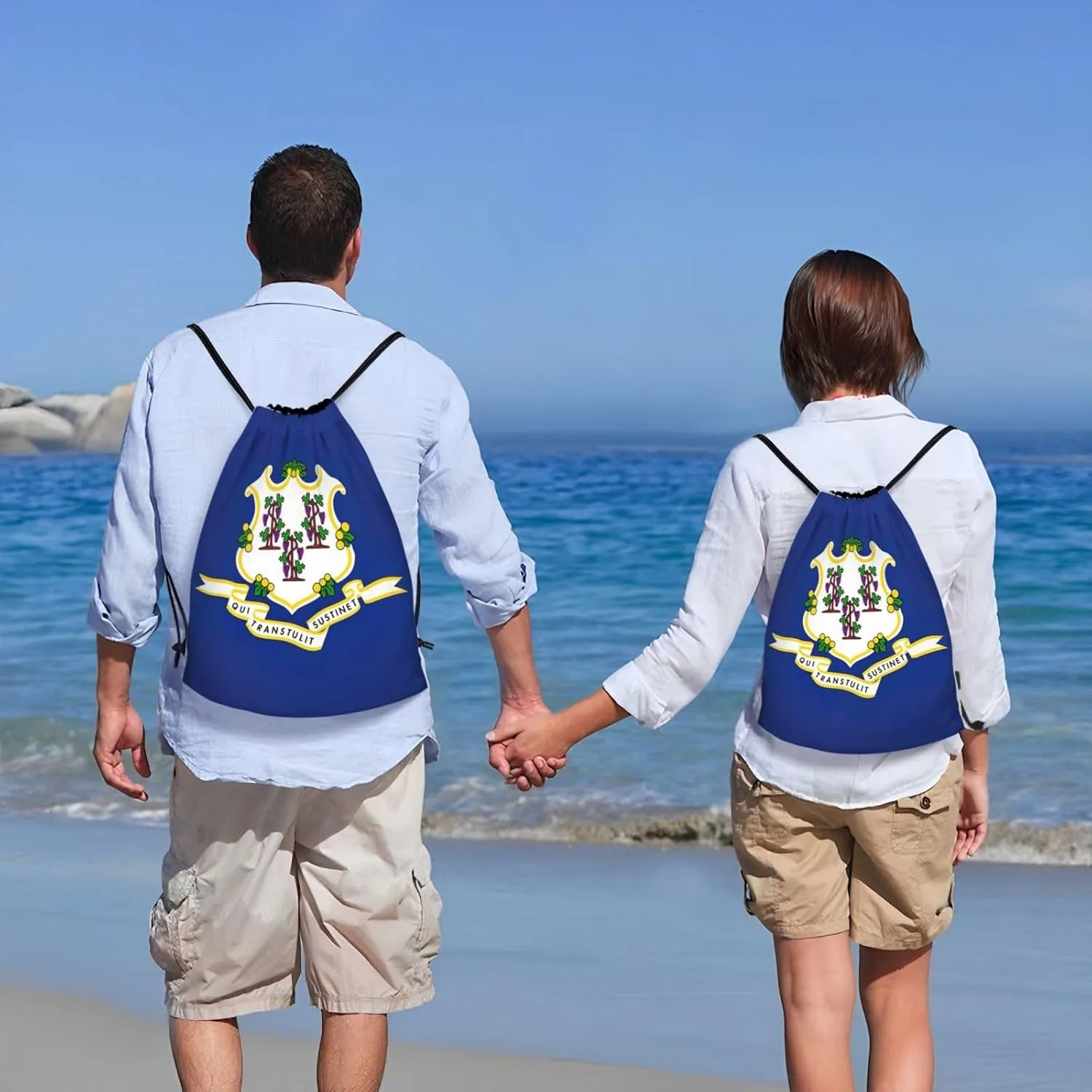 Connecticut State Flag print Drawstring Backpack Bags Sack Cinch Tote Sport Storage Polyester Bag for Gym Traveling