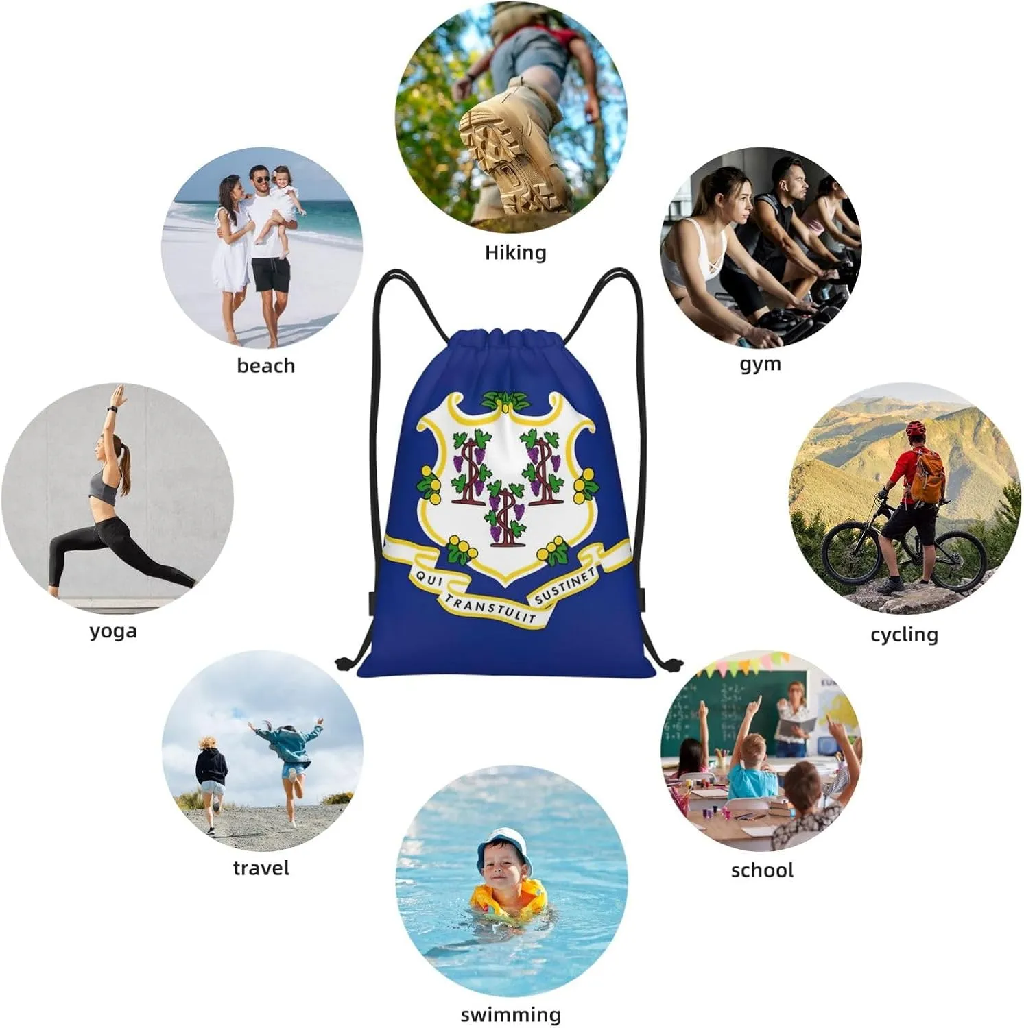 Connecticut State Flag print Drawstring Backpack Bags Sack Cinch Tote Sport Storage Polyester Bag for Gym Traveling