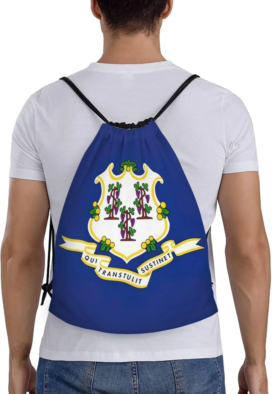 Connecticut State Flag print Drawstring Backpack Bags Sack Cinch Tote Sport Storage Polyester Bag for Gym Traveling
