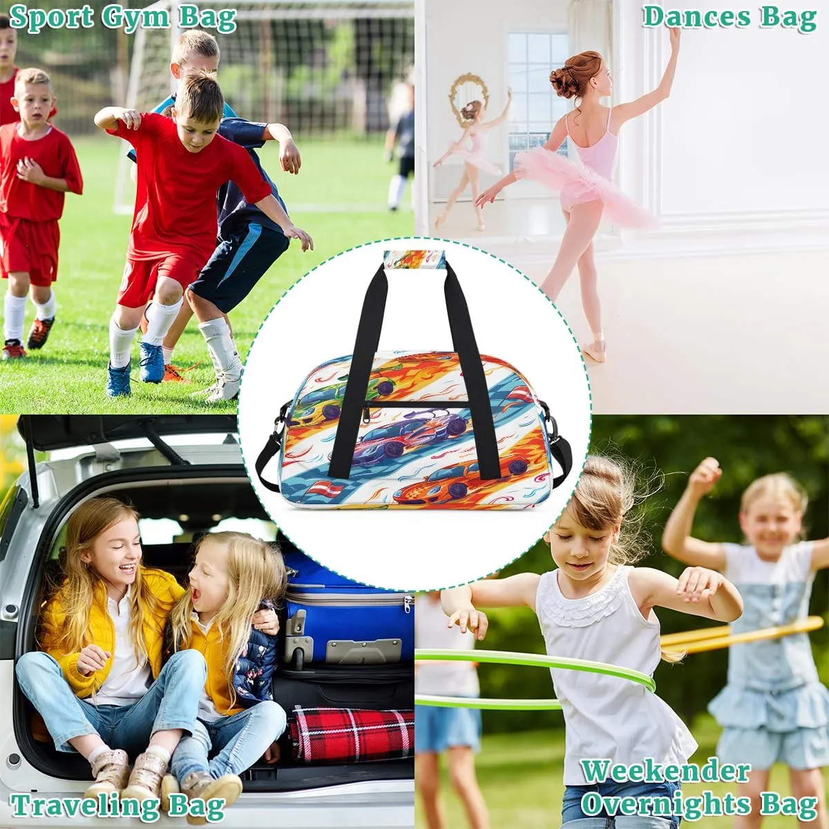 Cool Racing Kids Overnighter Duffel Bags for Boys, Carry-On Size Sports Gym Bag with Front Zipper Pocket for School Practice or Overnight Travel Weekender Sleepover Tote Bag
