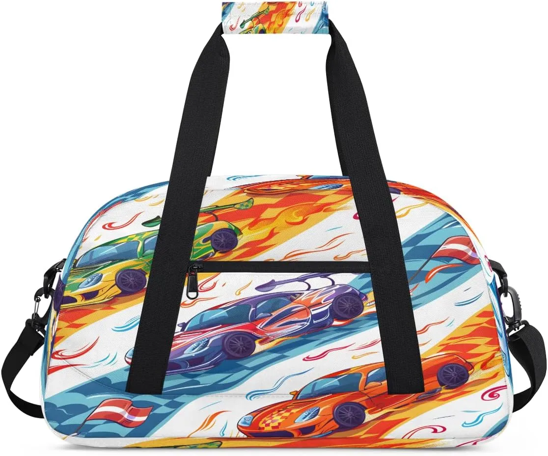 Cool Racing Kids Overnighter Duffel Bags for Boys, Carry-On Size Sports Gym Bag with Front Zipper Pocket for School Practice or Overnight Travel Weekender Sleepover Tote Bag
