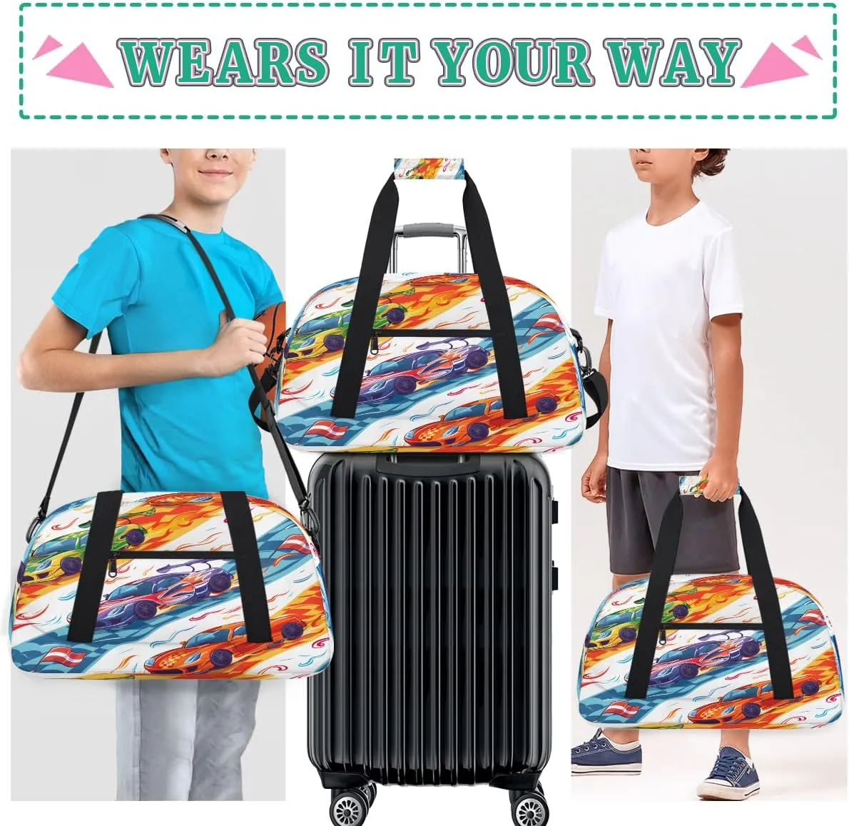 Cool Racing Kids Overnighter Duffel Bags for Boys, Carry-On Size Sports Gym Bag with Front Zipper Pocket for School Practice or Overnight Travel Weekender Sleepover Tote Bag