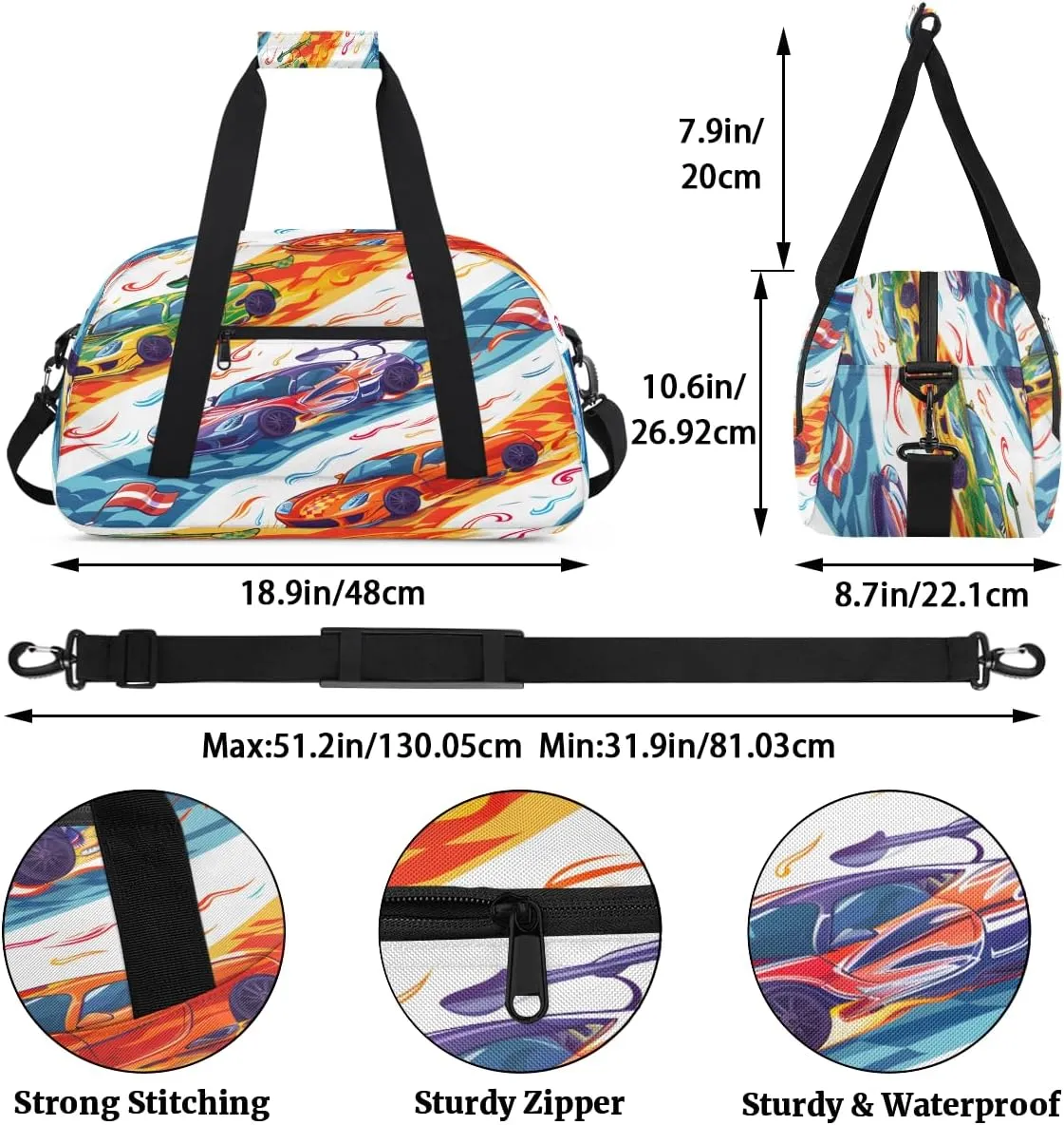 Cool Racing Kids Overnighter Duffel Bags for Boys, Carry-On Size Sports Gym Bag with Front Zipper Pocket for School Practice or Overnight Travel Weekender Sleepover Tote Bag