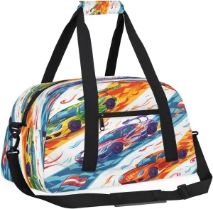 Cool Racing Kids Overnighter Duffel Bags for Boys, Carry-On Size Sports Gym Bag with Front Zipper Pocket for School Practice or Overnight Travel Weekender Sleepover Tote Bag