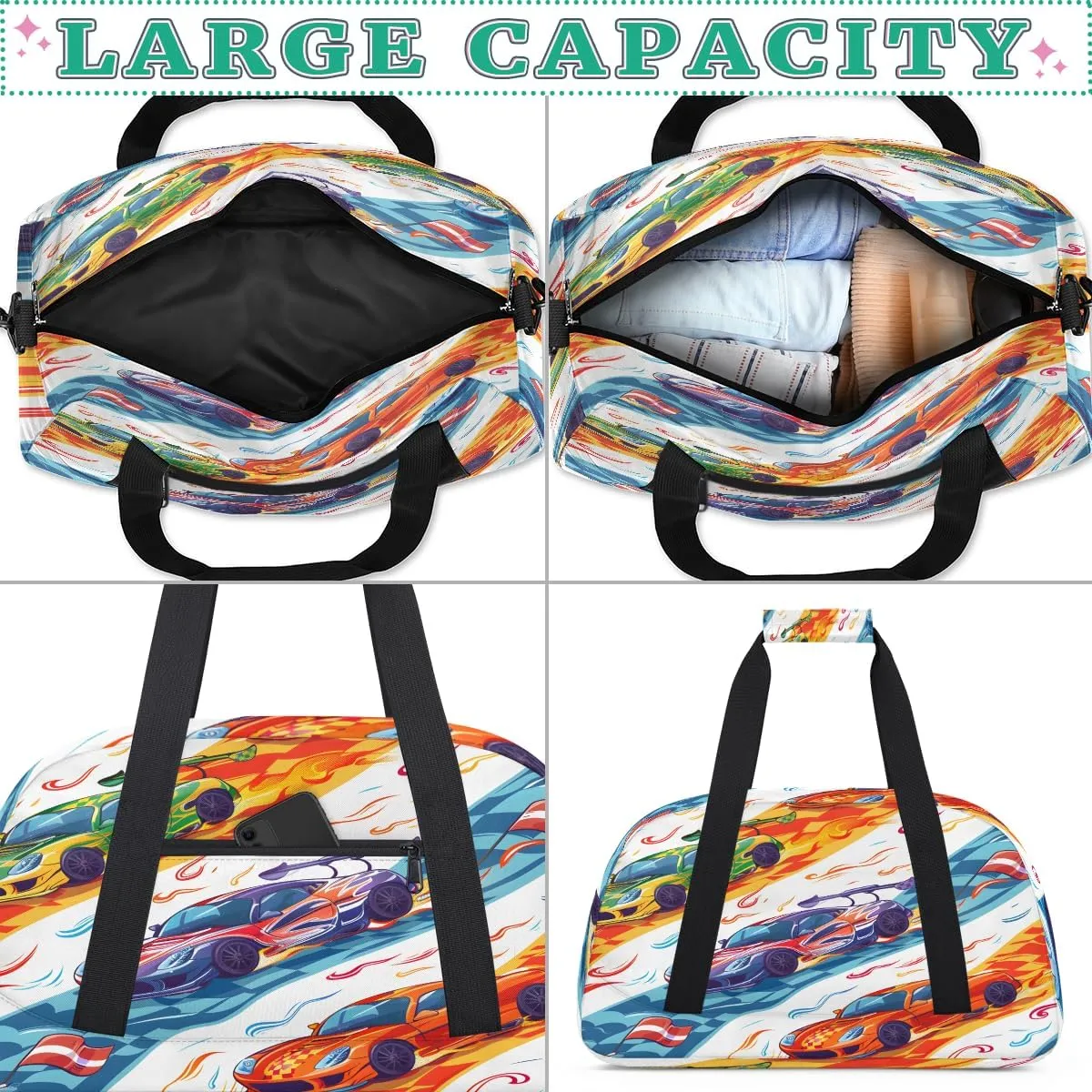 Cool Racing Kids Overnighter Duffel Bags for Boys, Carry-On Size Sports Gym Bag with Front Zipper Pocket for School Practice or Overnight Travel Weekender Sleepover Tote Bag