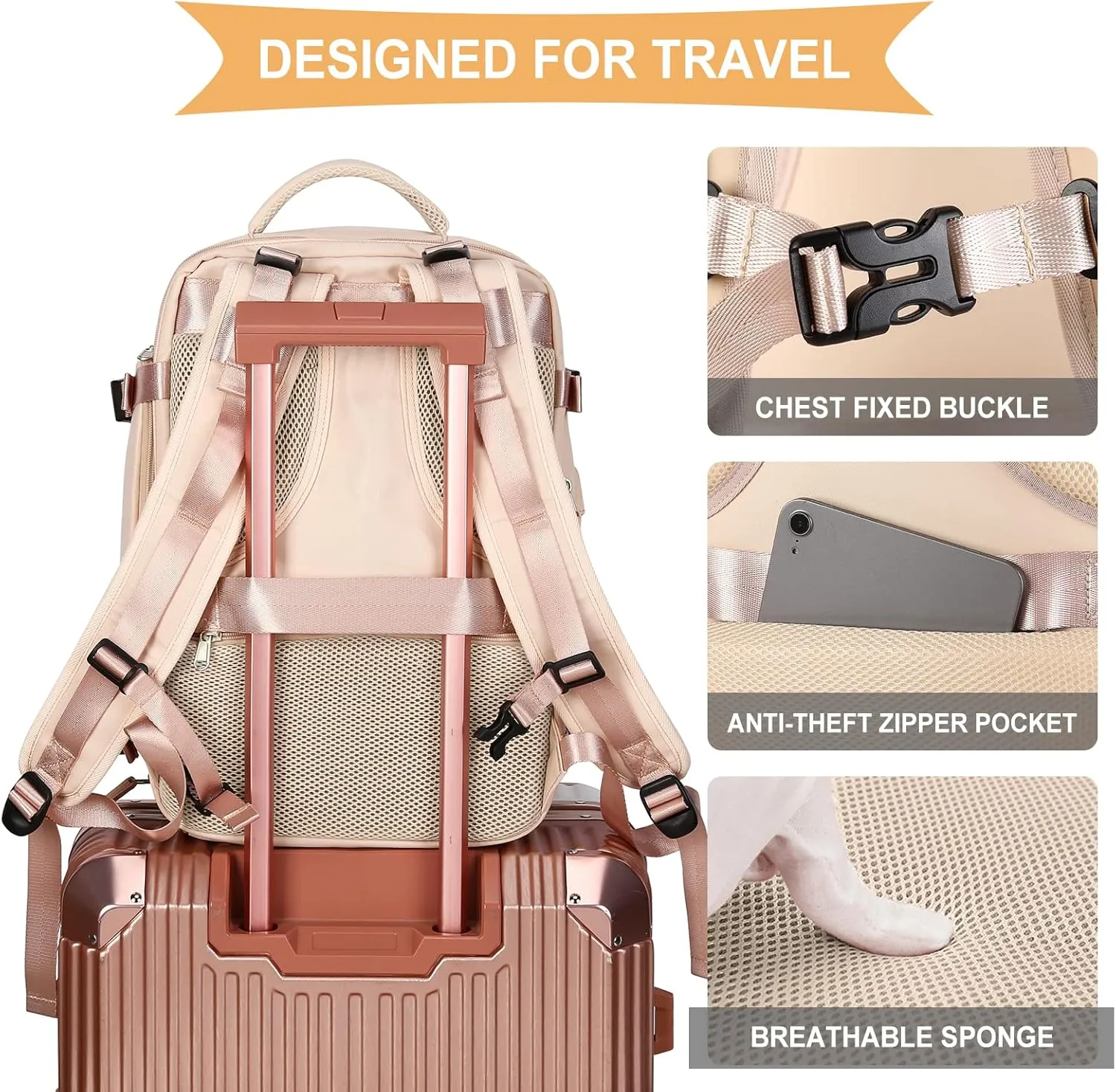 coowoz Large Travel Backpack For Women Men,Carry On Backpack,Hiking Backpack Waterproof Outdoor Sports Rucksack Casual Daypack Travel Essentials（Beige）