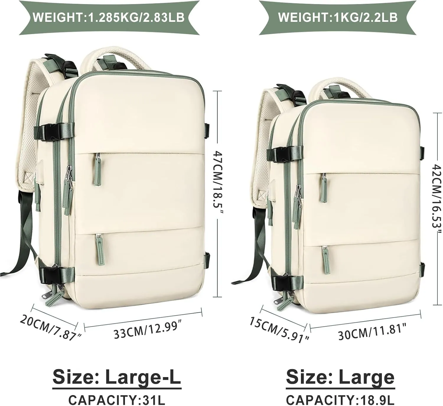 coowoz Large Travel Backpack For Women Men,Carry On Backpack,Hiking Backpack Waterproof Outdoor Sports Rucksack Casual Daypack travel essentials（White Green）