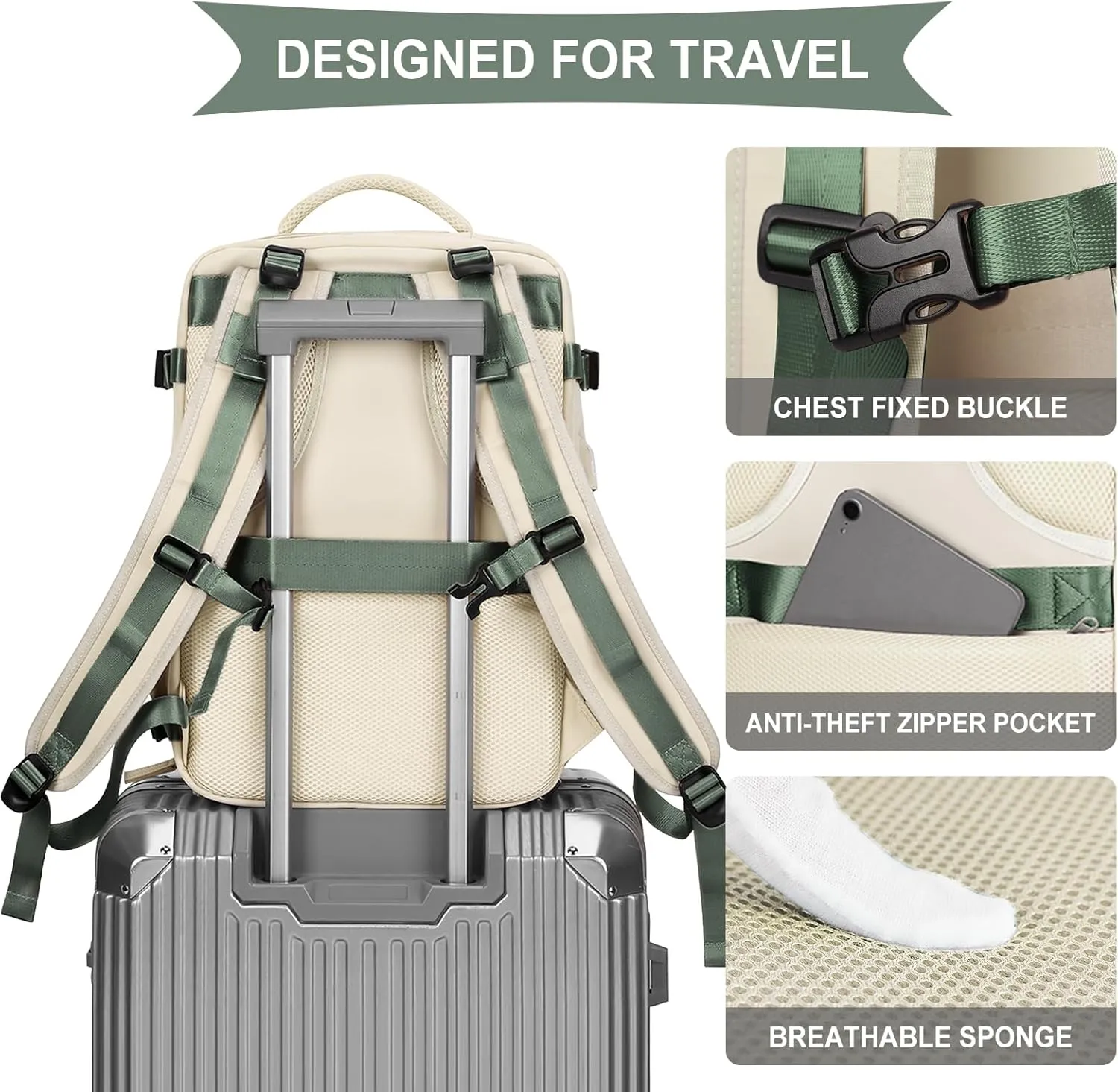 coowoz Large Travel Backpack For Women Men,Carry On Backpack,Hiking Backpack Waterproof Outdoor Sports Rucksack Casual Daypack travel essentials（White Green）