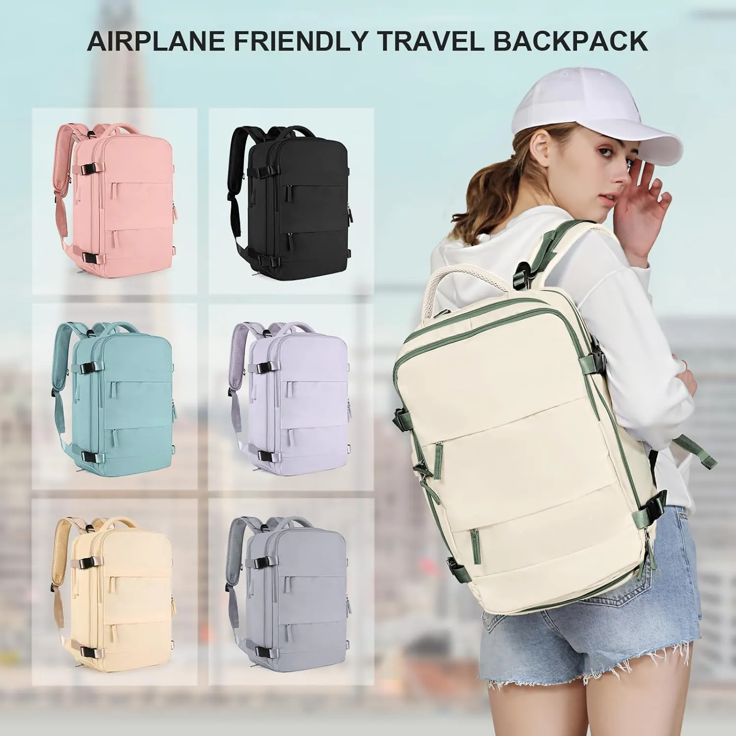 coowoz Large Travel Backpack For Women Men,Carry On Backpack,Hiking Backpack Waterproof Outdoor Sports Rucksack Casual Daypack travel essentials（White Green）