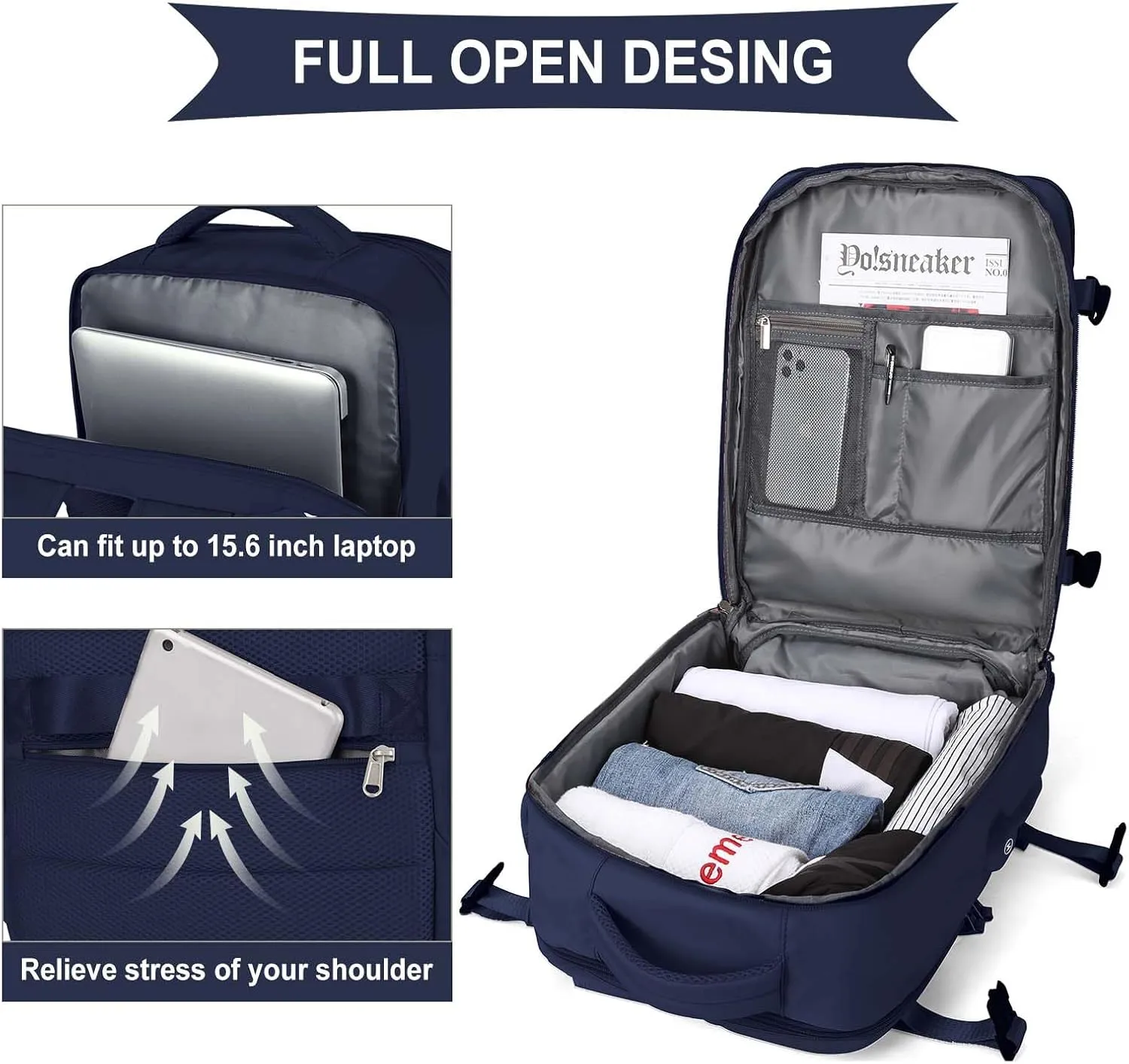 coowoz Travel Backpack For Women Men Airline Approved,Navy blue Carry On Backpack,Large Hiking Backpack Waterproof Outdoor Sports Rucksack Casual Daypack Fit 15.6 Inch Laptop Backpack College Backpack