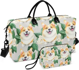 Corgi Rose Leaves Gray Sports Gym Bag for Women Men Travel Duffel Bag Weekend Overnight Carry on Bag with Toiletry Bag for Plane Workout Swimming Yoga
