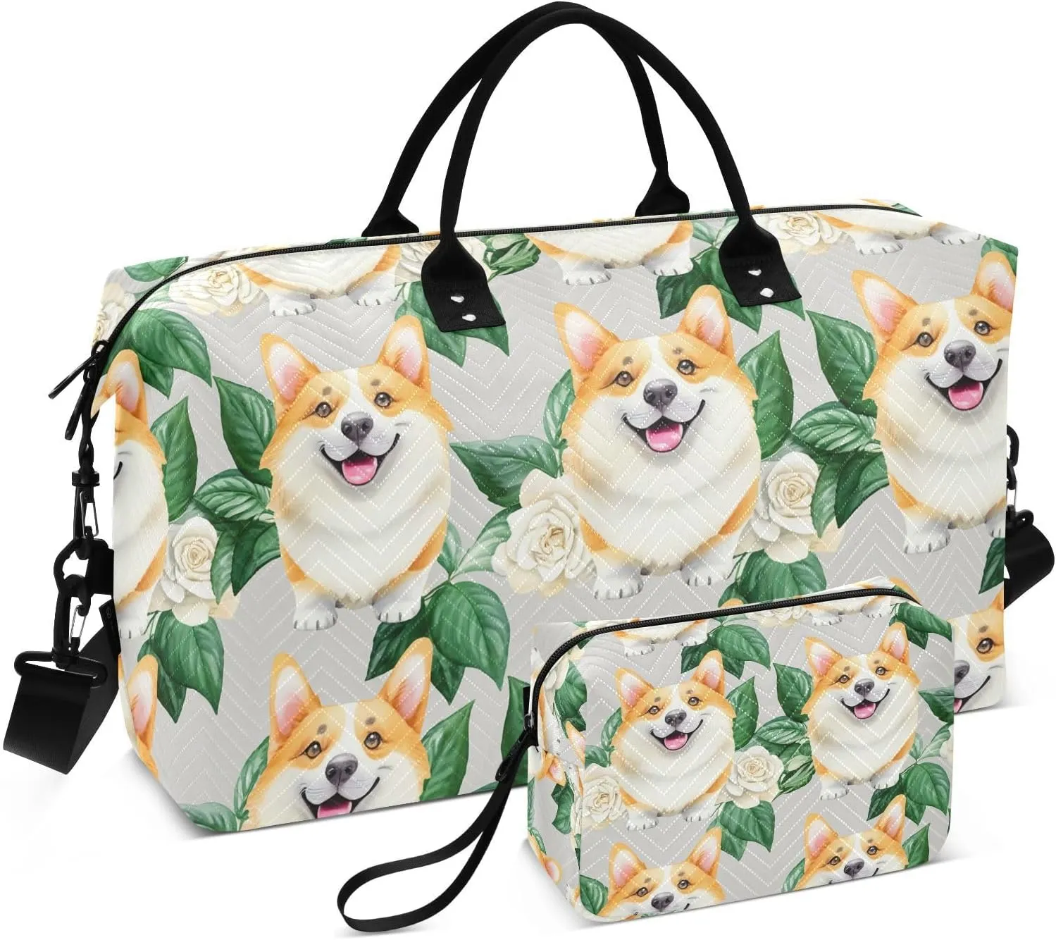 Corgi Rose Leaves Gray Sports Gym Bag for Women Men Travel Duffel Bag Weekend Overnight Carry on Bag with Toiletry Bag for Plane Workout Swimming Yoga