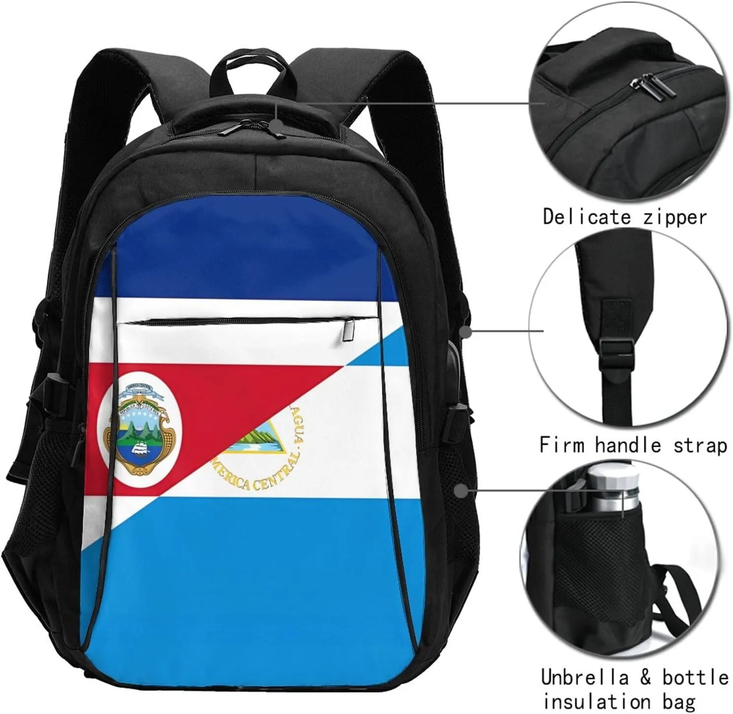 Costa Rica Nicaragua Flag Business Laptop Backpack Travel Backpacks Outdoor Rucksack Large Bag Daypack with USB Charging Port Multi-Pocket for Hiking Camping
