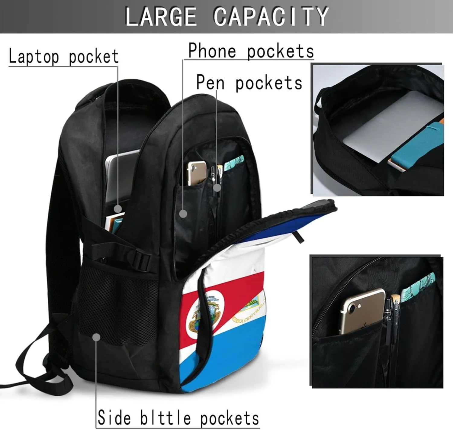 Costa Rica Nicaragua Flag Business Laptop Backpack Travel Backpacks Outdoor Rucksack Large Bag Daypack with USB Charging Port Multi-Pocket for Hiking Camping
