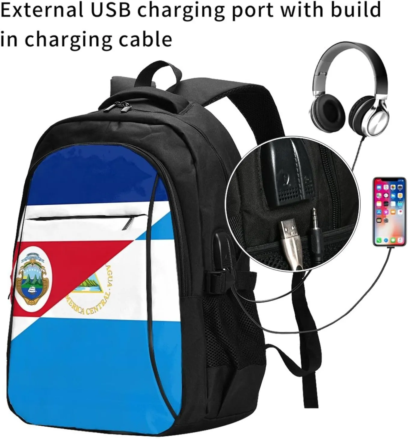 Costa Rica Nicaragua Flag Business Laptop Backpack Travel Backpacks Outdoor Rucksack Large Bag Daypack with USB Charging Port Multi-Pocket for Hiking Camping