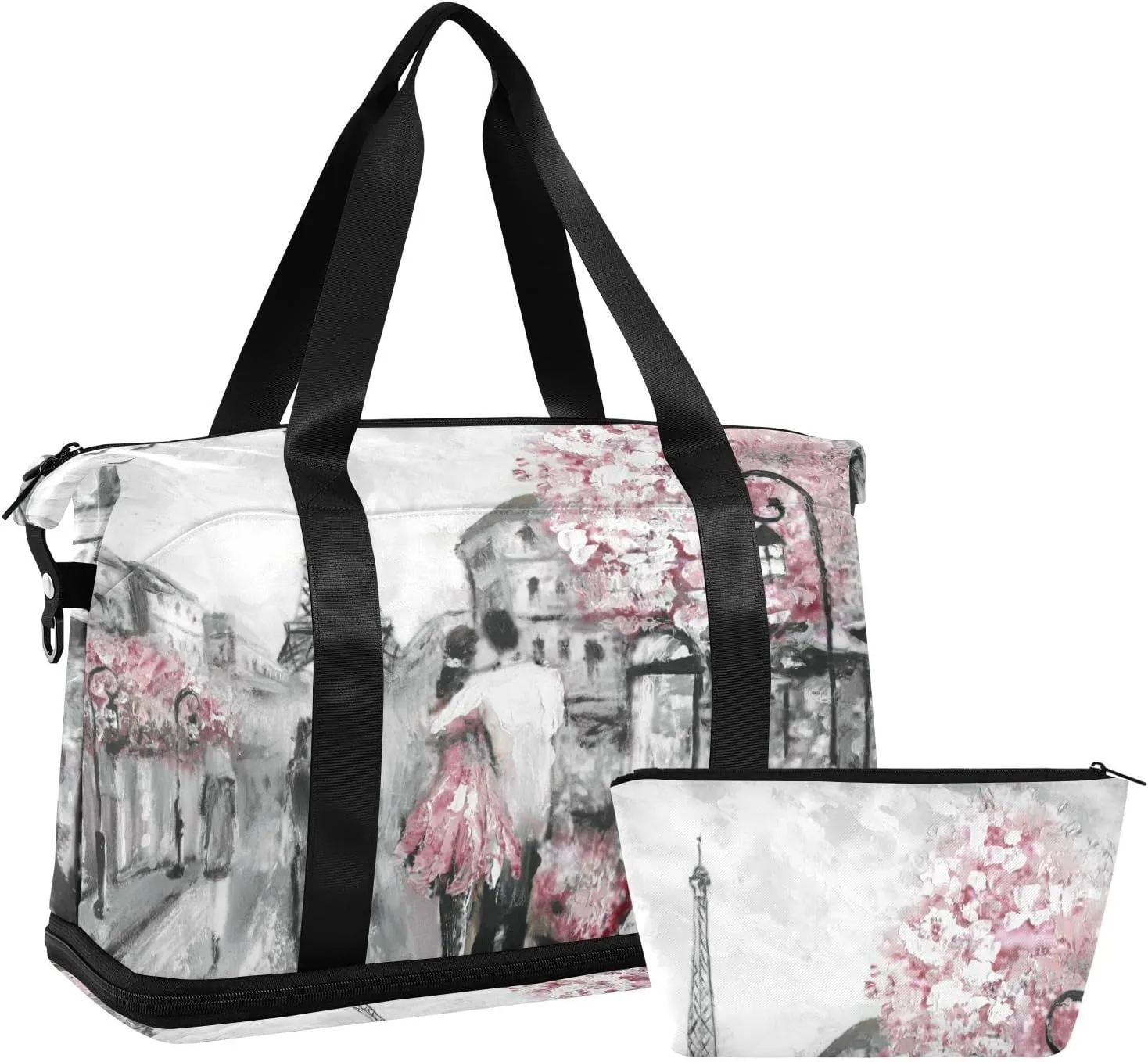 Couple in Grey Paris Street Pink Cherry Blossom Flowers Eiffel Tower Gym Duffel Bag, Polyester Travel Weekender Luggage Handbag with Waterproof Pocket for Wet Items, Unisex Foldable Tote for Sports