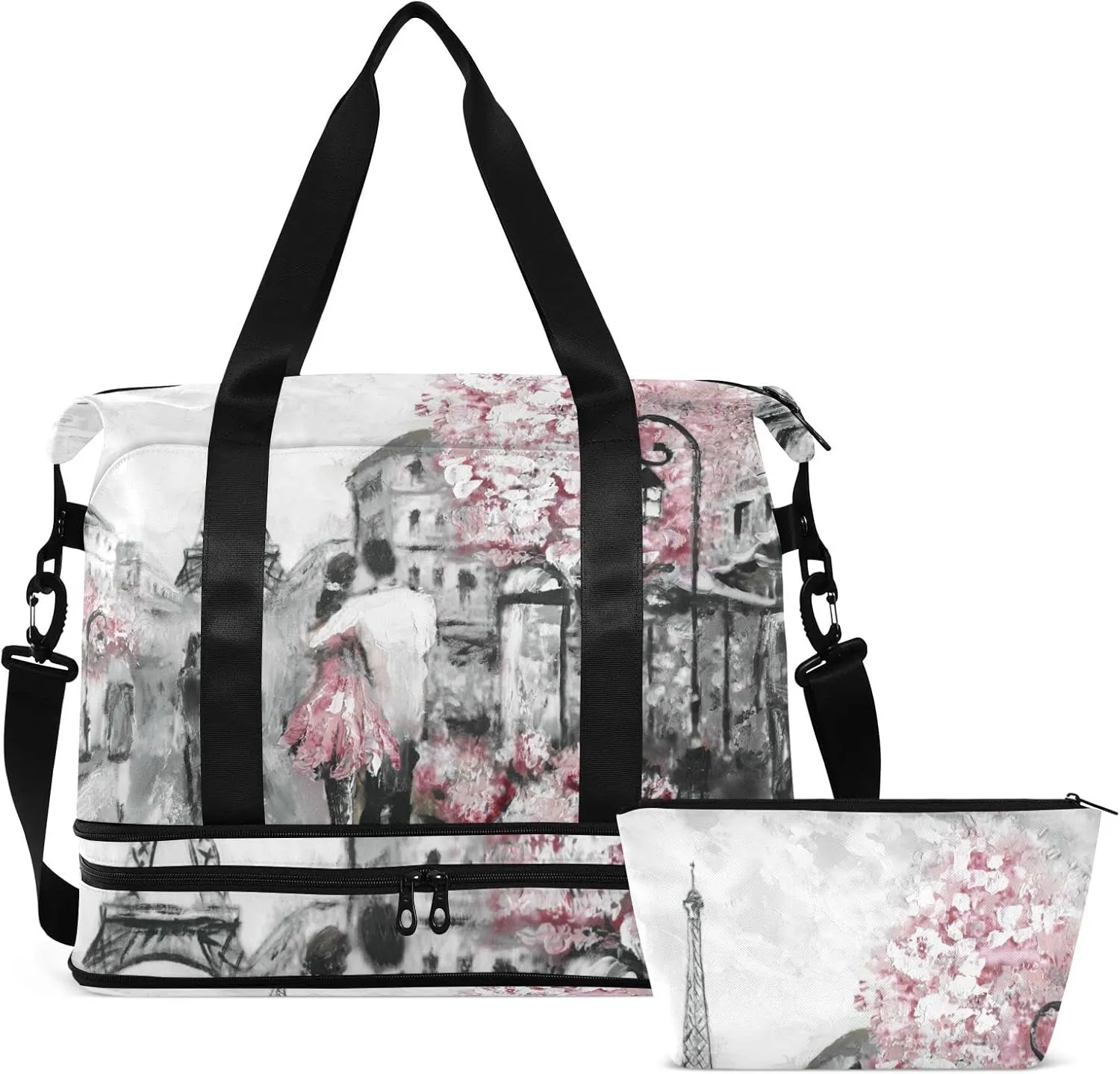 Couple in Grey Paris Street Pink Cherry Blossom Flowers Eiffel Tower Gym Duffel Bag, Polyester Travel Weekender Luggage Handbag with Waterproof Pocket for Wet Items, Unisex Foldable Tote for Sports