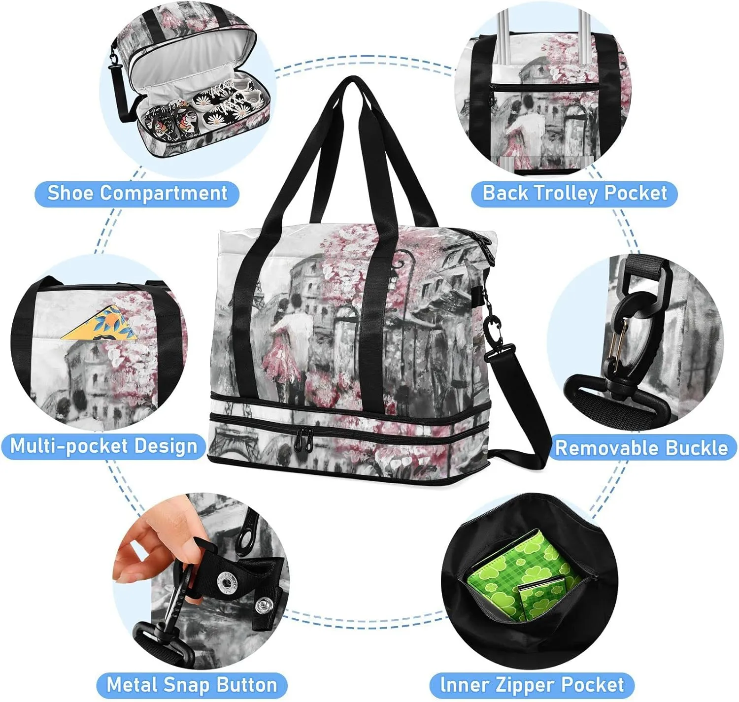 Couple in Grey Paris Street Pink Cherry Blossom Flowers Eiffel Tower Gym Duffel Bag, Polyester Travel Weekender Luggage Handbag with Waterproof Pocket for Wet Items, Unisex Foldable Tote for Sports