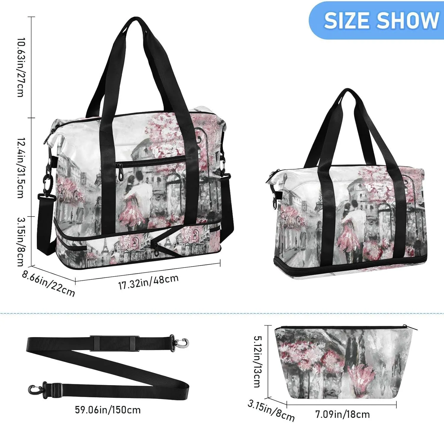Couple in Grey Paris Street Pink Cherry Blossom Flowers Eiffel Tower Gym Duffel Bag, Polyester Travel Weekender Luggage Handbag with Waterproof Pocket for Wet Items, Unisex Foldable Tote for Sports