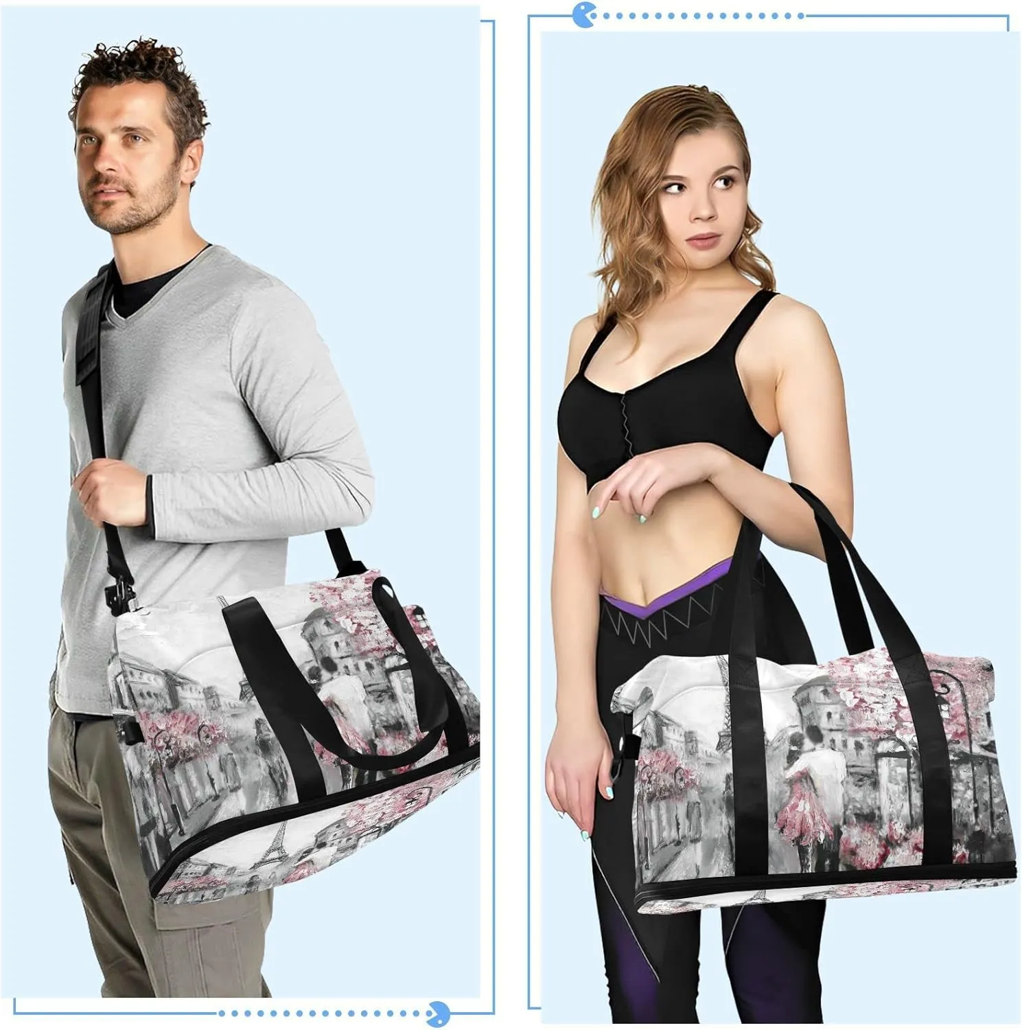 Couple in Grey Paris Street Pink Cherry Blossom Flowers Eiffel Tower Gym Duffel Bag, Polyester Travel Weekender Luggage Handbag with Waterproof Pocket for Wet Items, Unisex Foldable Tote for Sports