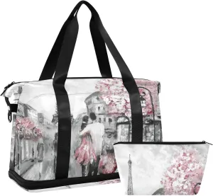 Couple in Grey Paris Street Pink Cherry Blossom Flowers Eiffel Tower Gym Duffel Bag, Polyester Travel Weekender Luggage Handbag with Waterproof Pocket for Wet Items, Unisex Foldable Tote for Sports