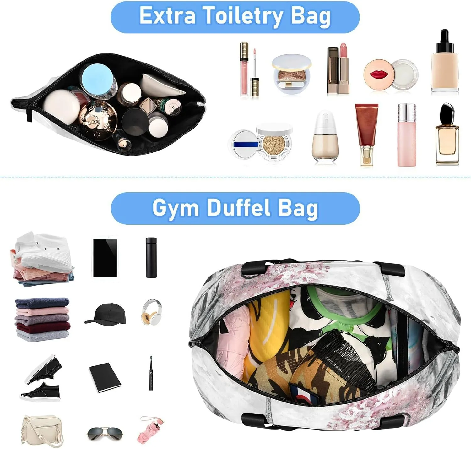Couple in Grey Paris Street Pink Cherry Blossom Flowers Eiffel Tower Gym Duffel Bag, Polyester Travel Weekender Luggage Handbag with Waterproof Pocket for Wet Items, Unisex Foldable Tote for Sports