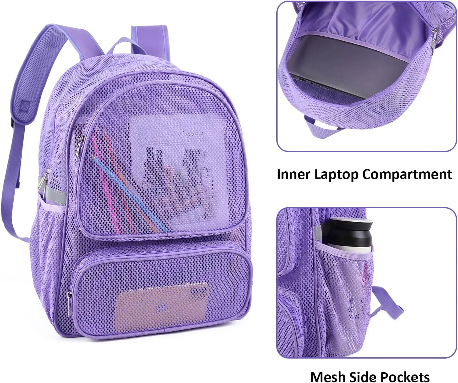 COVAX Mesh Backpack for Adults, Mesh School Bookbag Girls Boys, Semi-transparent net Back Pack for Gym, Work, Sports, Travel (Purple)