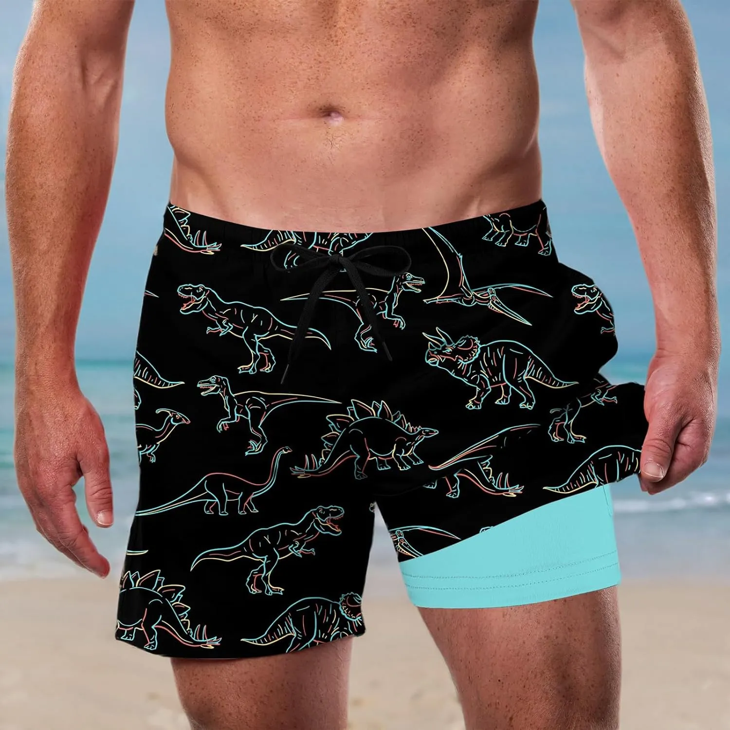 Cozople Men's Swim Trunks with Compression Liner 5.5" Inseam Quick Dry Bathing Suit Boxer Brief Lined Swim Shorts Swimwear
