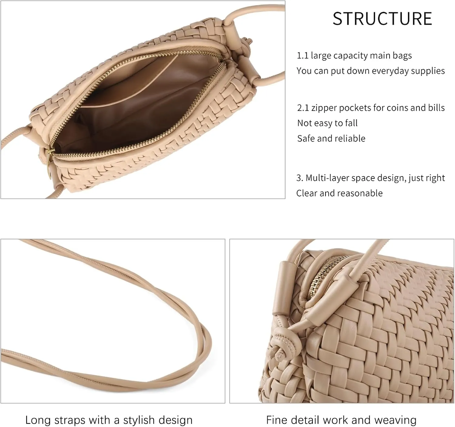 Crossbody Bag For Women Hand Woven Vegan Leather Zip Small Crossbody Bags Shoulder Bag Sling Cross Body Phone Purse