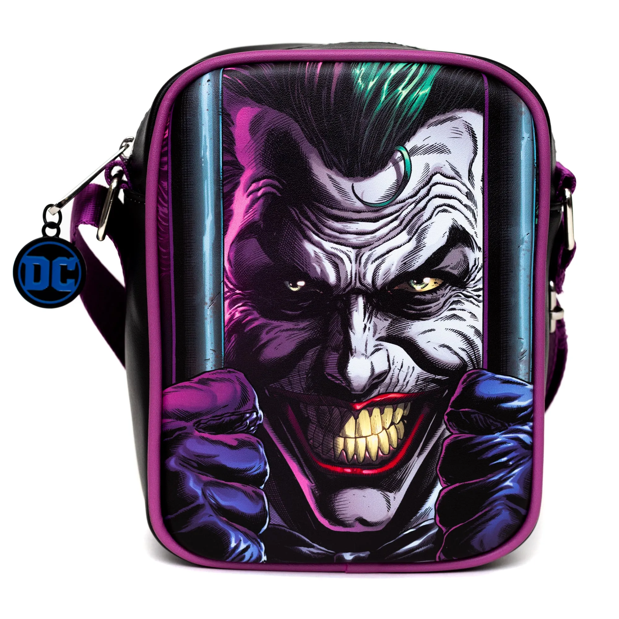 Crossbody Bag with Pocket - DC Comics Joker Jail Break and Batman Comic Book Poses Black