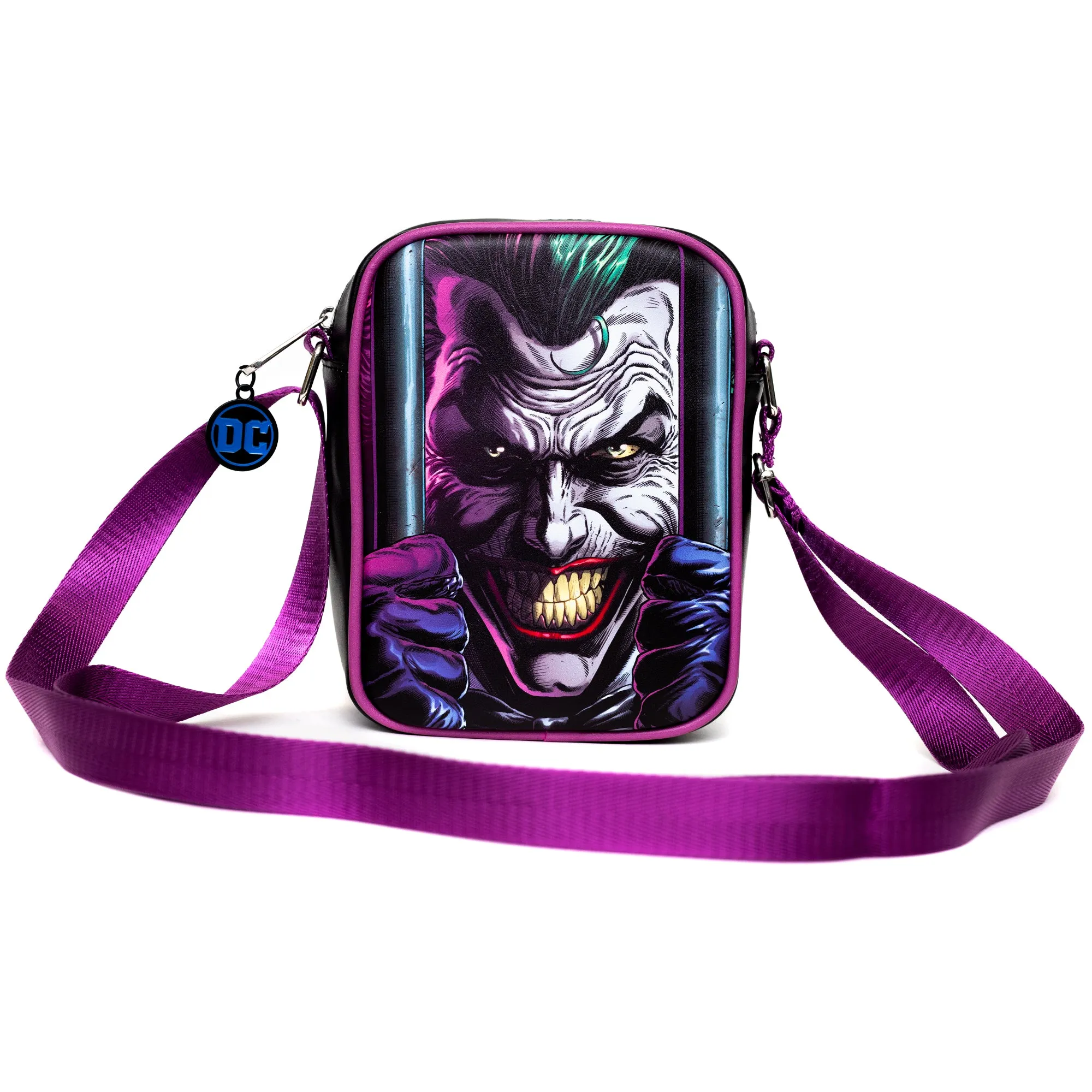 Crossbody Bag with Pocket - DC Comics Joker Jail Break and Batman Comic Book Poses Black