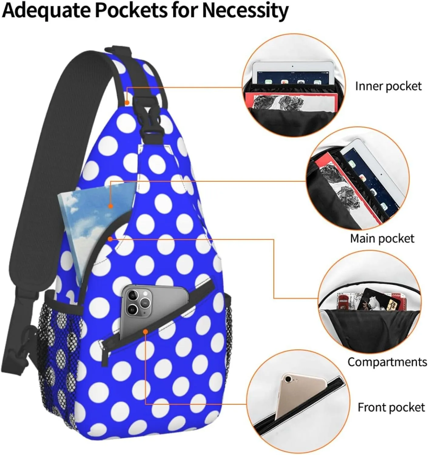 Crossbody Bags For Women Men Blue Polka Dot Sling Backpack Chest Shoulder Bag Gym Cycling Travel Hiking Daypack