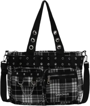 Crossbody Messenger Bag Punk Gothic Y2k Tartan Studded Vintage Large Capacity Chain Decoration Adjustable Strap