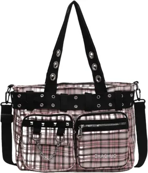 Crossbody Messenger Bag Punk Gothic Y2k Tartan Studded Vintage Large Capacity Chain Decoration Adjustable Strap