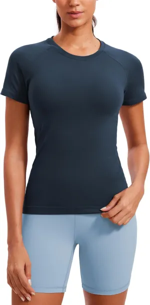 CRZ YOGA Seamless Workout Tops for Women Short Sleeve Athletic Tees Breathable Gym Running Yoga Shirts