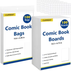 Current Comic Book Bags and Boards 100 Comic Book Sleeves and 100 Comic Book Boards, Acid-Free Clear Comic Book Storage, Comic Book Backing Boards 27 pt, Thick and Coated Comic Backing Board