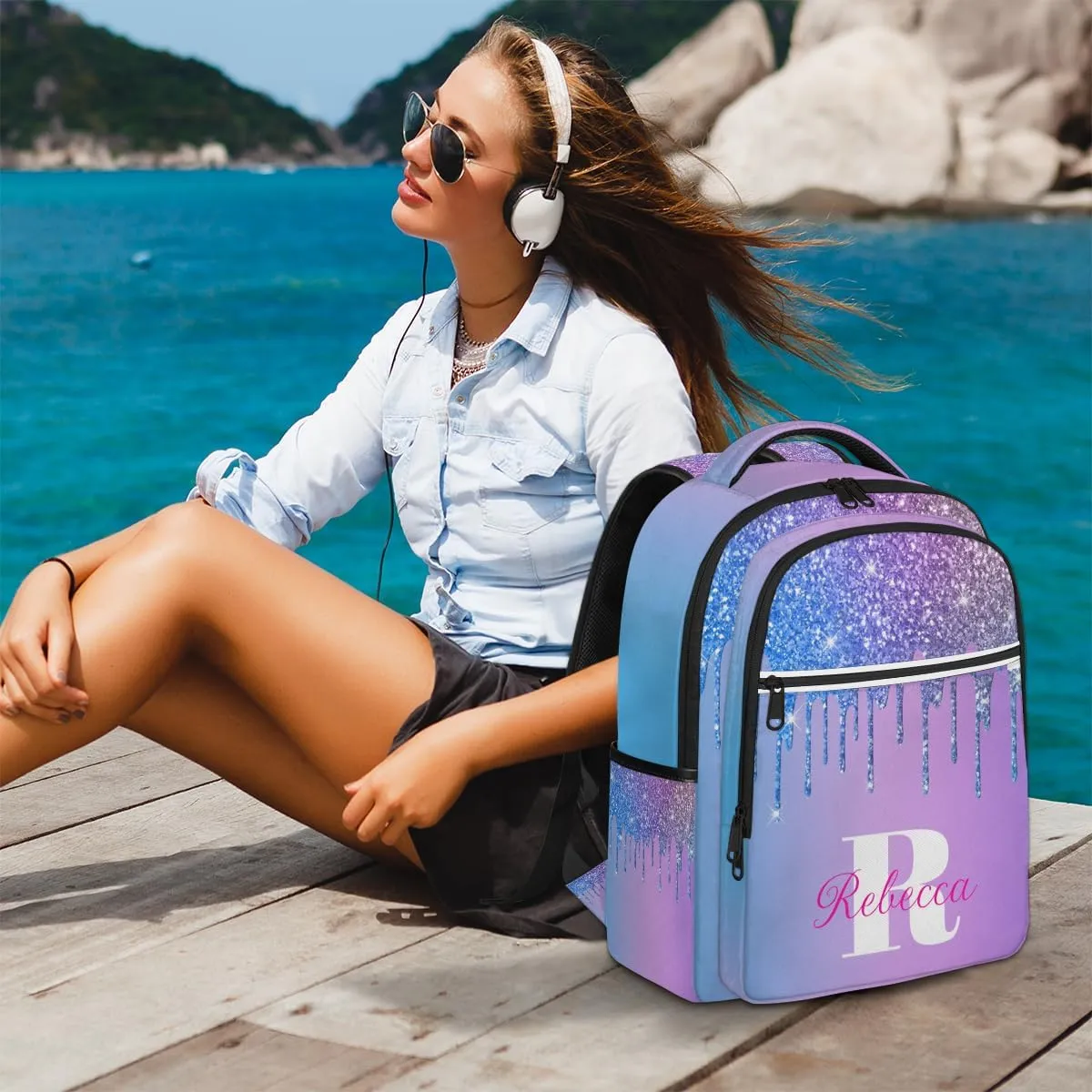Custom Large Travel Laptop Backpack Personalized Computer Backpacks Work Business Bags Women Men Travel Casual Laptop Bag Purse, Multi Blue