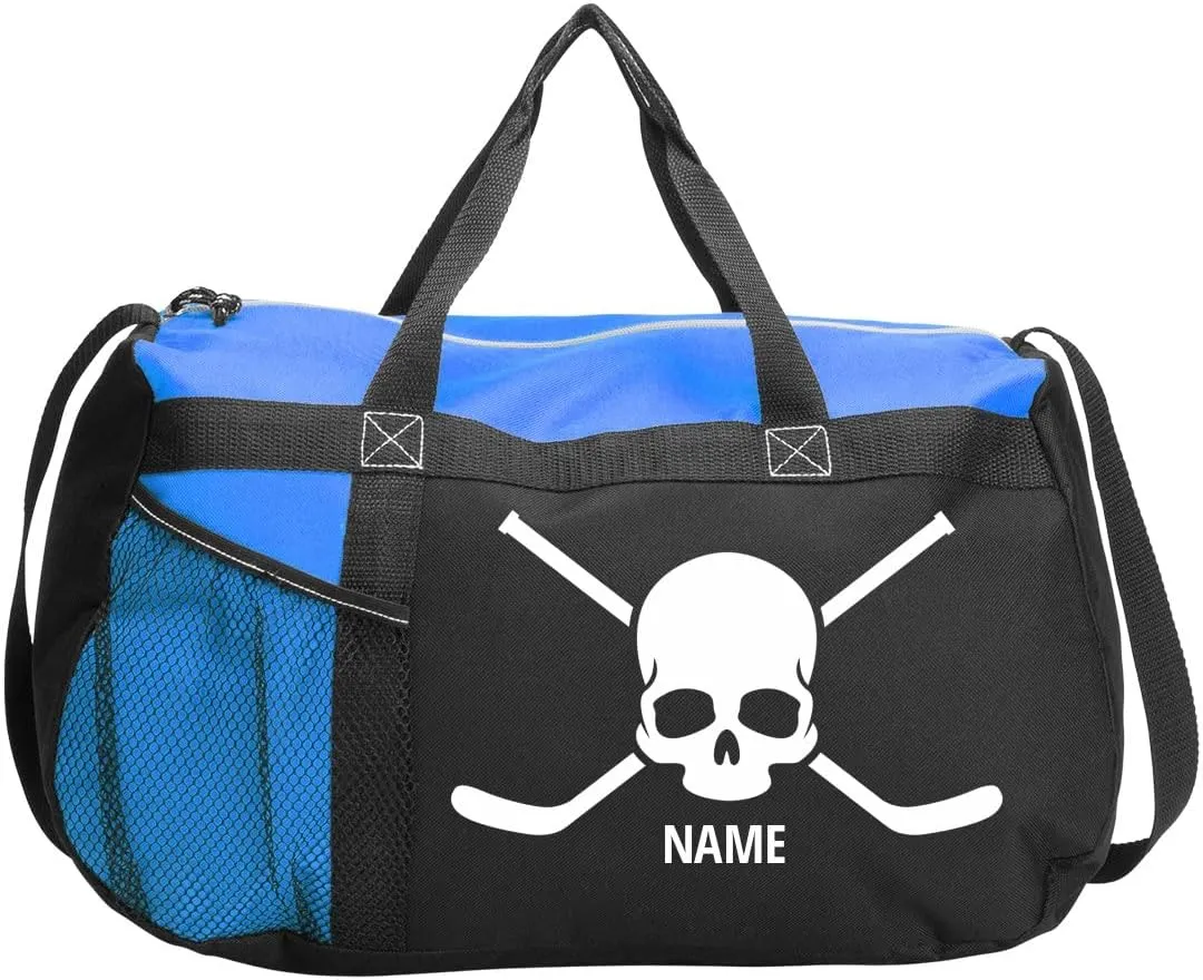 Custom Name Skull & Sticks Hockey Sports Duffel Bag: Gym Duffel Bag