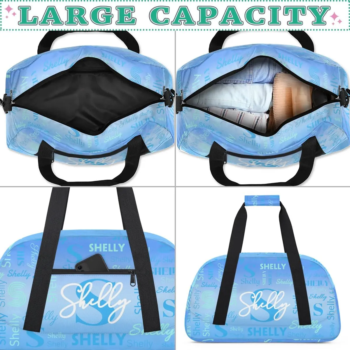 Custom Sport Duffel Bag, Small Gym Bag for Women Personalized Travel Duffle Bag Carry On Weekender Bag Overnight Tote Training Workout Bag Gradient Light Blue