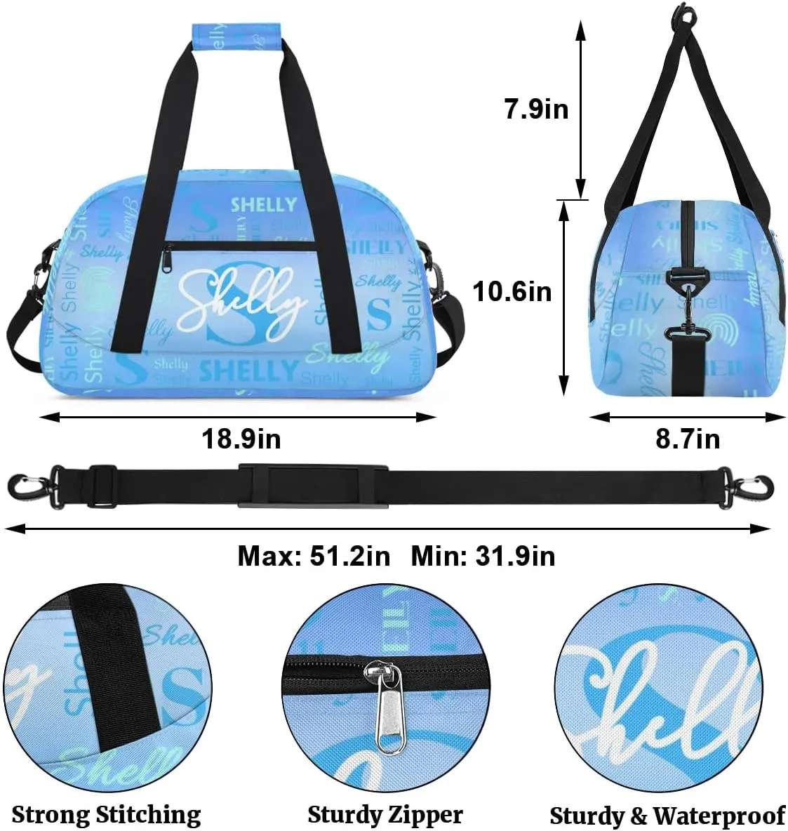 Custom Sport Duffel Bag, Small Gym Bag for Women Personalized Travel Duffle Bag Carry On Weekender Bag Overnight Tote Training Workout Bag Gradient Light Blue
