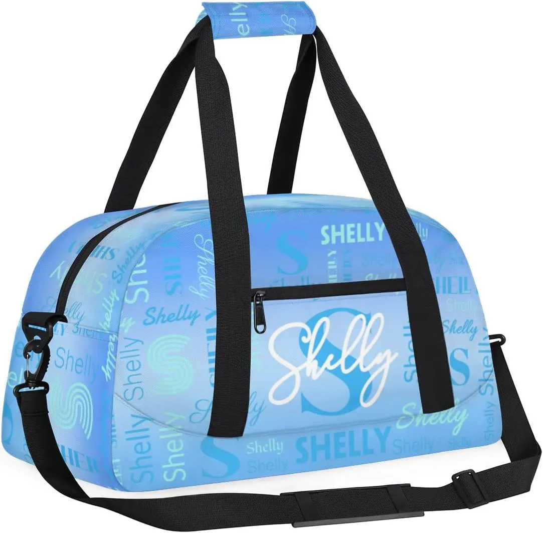 Custom Sport Duffel Bag, Small Gym Bag for Women Personalized Travel Duffle Bag Carry On Weekender Bag Overnight Tote Training Workout Bag Gradient Light Blue