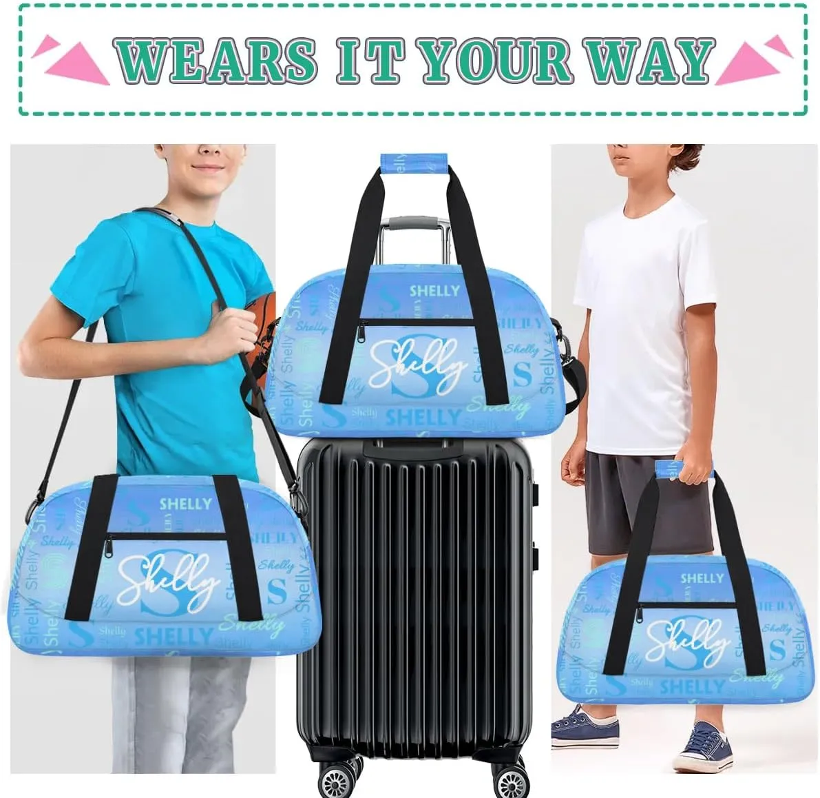 Custom Sport Duffel Bag, Small Gym Bag for Women Personalized Travel Duffle Bag Carry On Weekender Bag Overnight Tote Training Workout Bag Gradient Light Blue