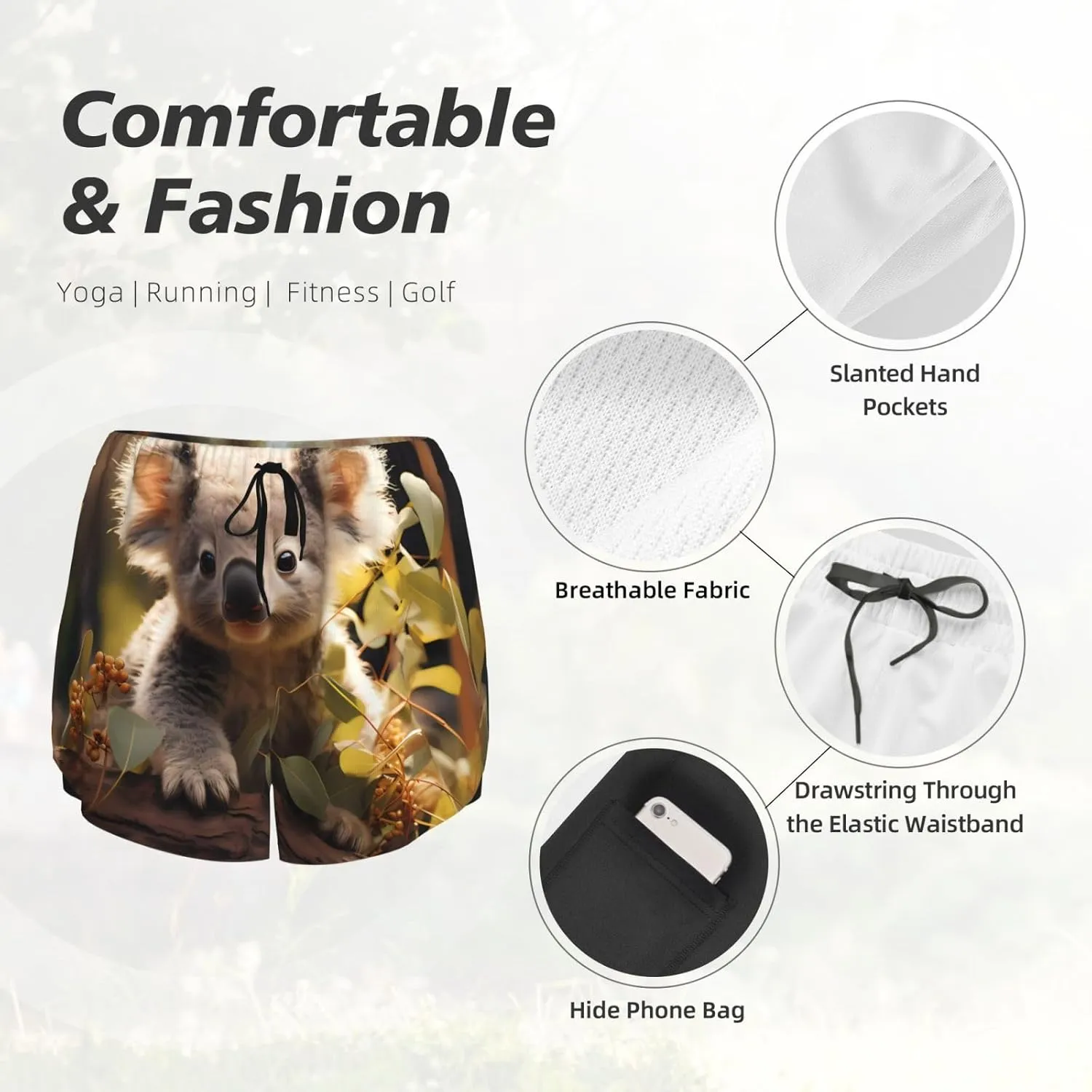 Cute Koala Plant Graphic Summer Sports Shorts - Great for Running, Gym and Yoga