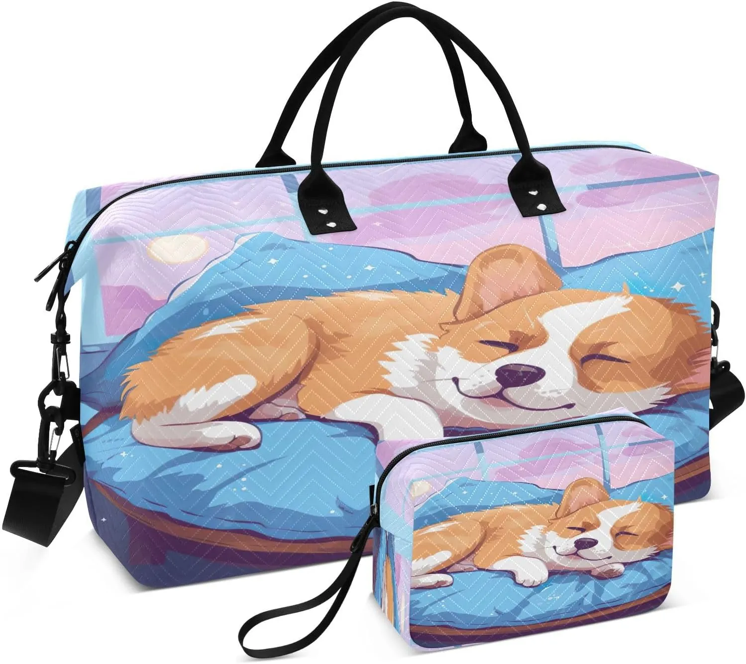 Cute Sleepy Corgi Dog Sports Gym Bag for Women Men Travel Duffel Bag Weekend Overnight Carry on Bag with Toiletry Bag Workout Dance Bag for Workout Swimming Yoga Plane Hospital