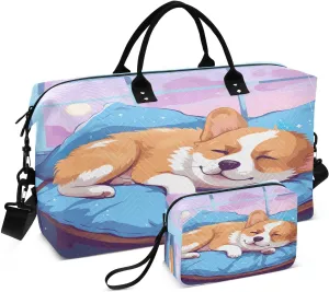 Cute Sleepy Corgi Dog Sports Gym Bag for Women Men Travel Duffel Bag Weekend Overnight Carry on Bag with Toiletry Bag Workout Dance Bag for Workout Swimming Yoga Plane Hospital