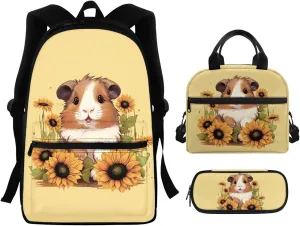 Cute Voles Backpack with Lunch Box Kids Girls 3rd Grade Sunflowers Print Hand Carry Lunch Tote Bag for Children Portable Casual Messenger Bag for School Picnic Vacation